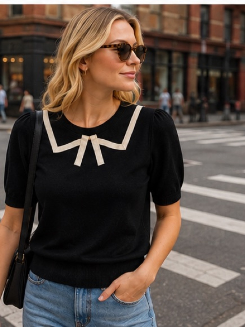 Black Short-Sleeve Crew Sweater with Cream Contrast Bow - Picture 5 of 8